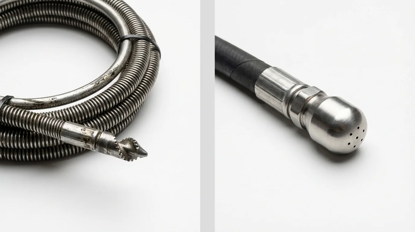 Drain snake cable and hydro jetting nozzle used for drain cleaning in Holden, MO