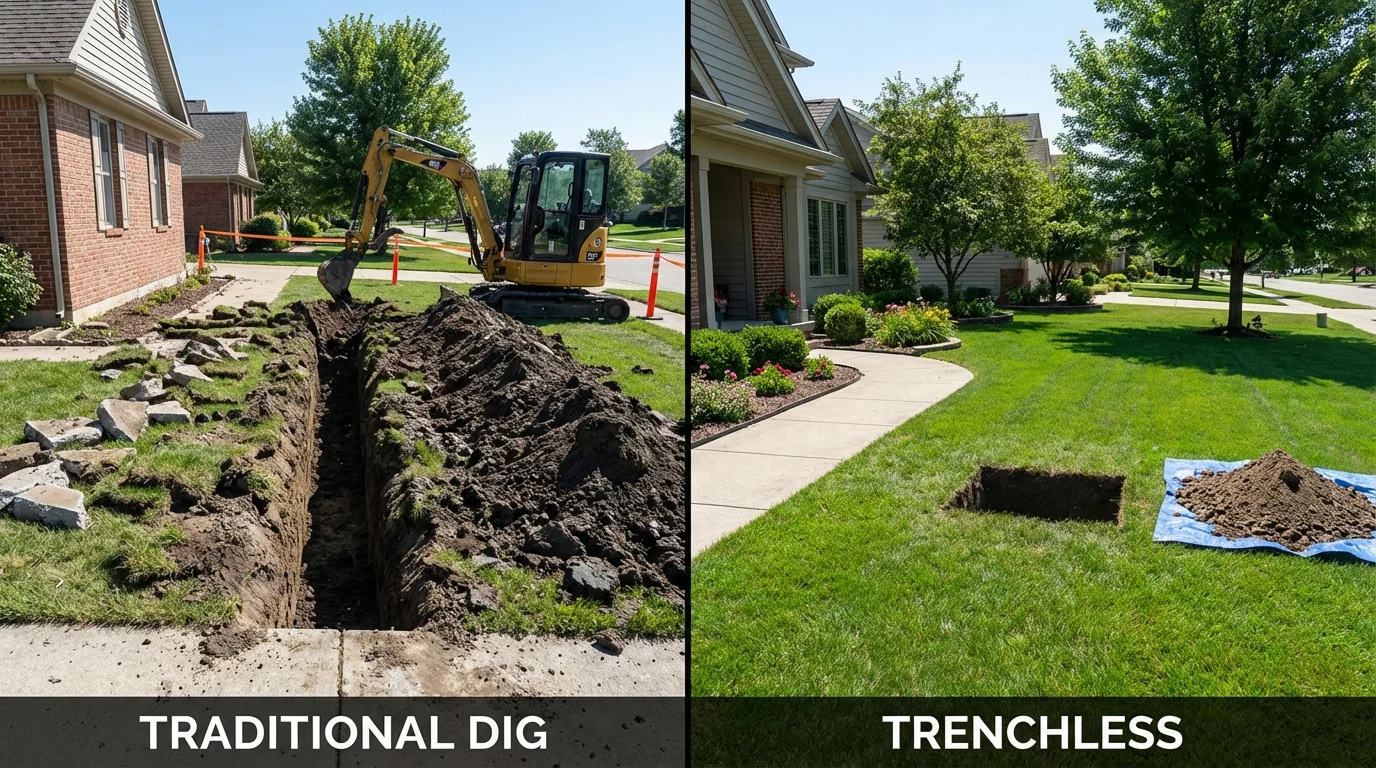 Trenchless sewer repair with minimal yard damage versus traditional excavation in Holden, MO